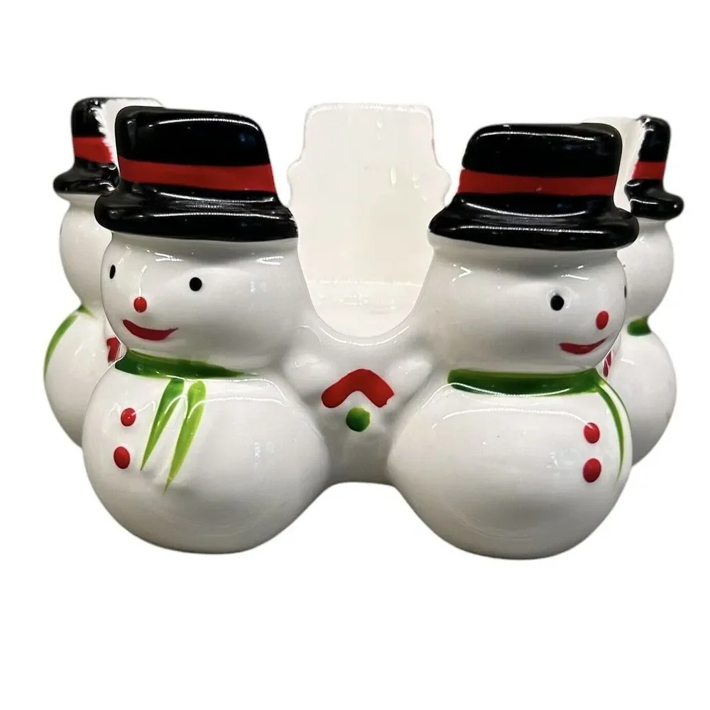 Vintage Christmas Snowman Candle Holder  3in. Pillar  5‎ Jolly Snowmen In a Ring